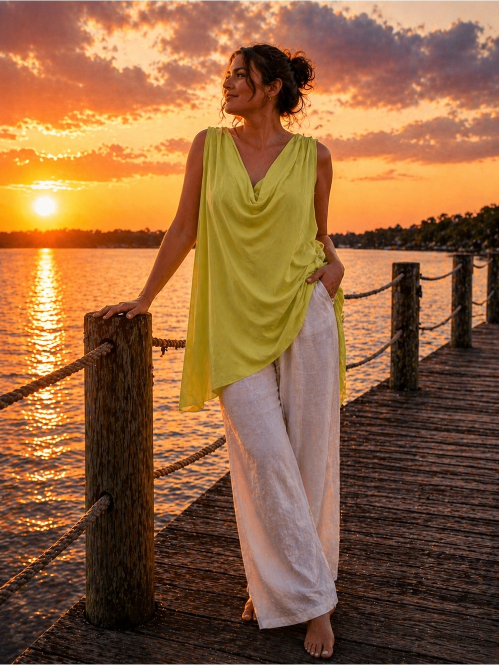 New York & Company Bright Lime Draped Cowl Tank